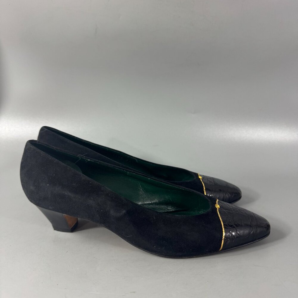 Authentic Gucci 70's-80's Black Suede/Leather w/ Micro GG Logo Pumps, Size 38.5 - Picture 2 of 14